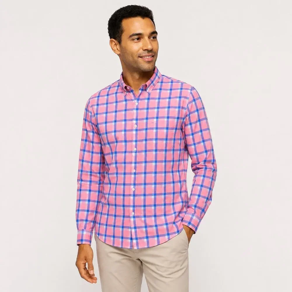 J.Crew Shirt MENS S Pink Blue Plaid Cotton Button Up Long Sleeve Coastal Preppy